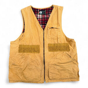 Vintage Drybak Hunting Vest Adult SMALL Brown Duck Canvas Plaid Lined USA 60s